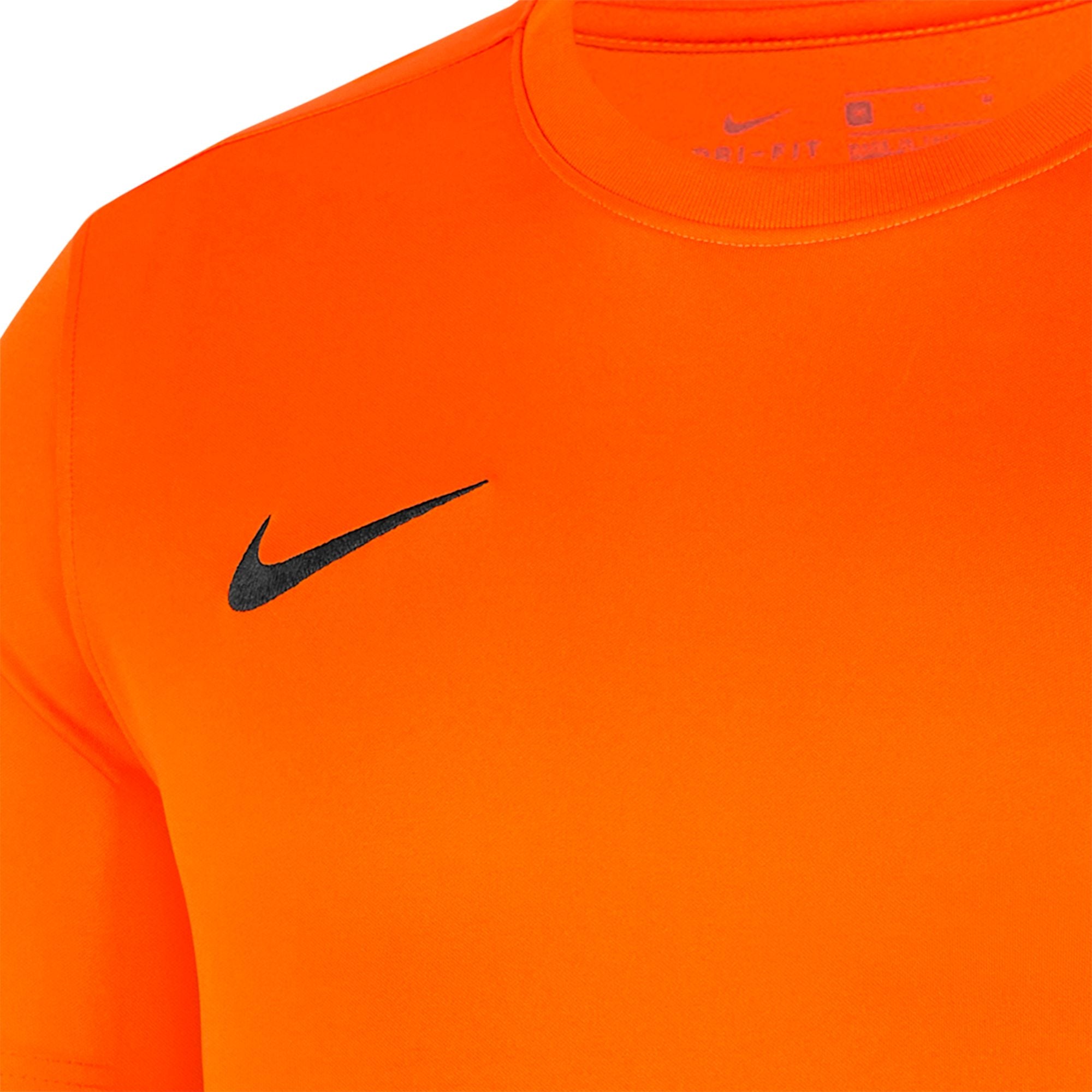 Nike Dri-fit Park VII Shirt Short Sleeve in Safety Orange close up black swoosh