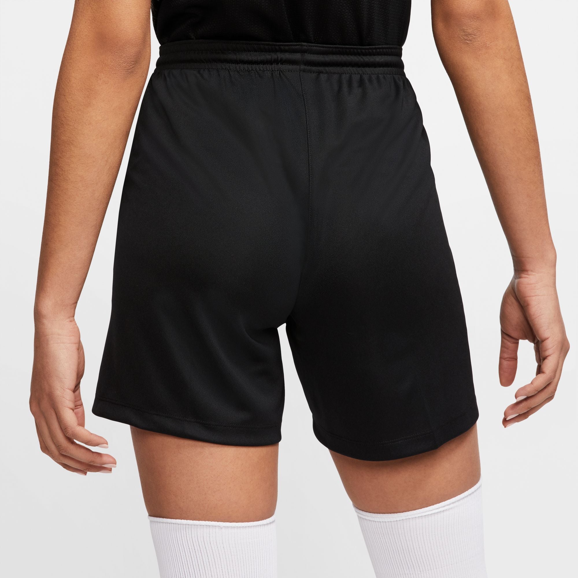 back of Nike Dri FIT Park III Knit Short Womens in Black/White