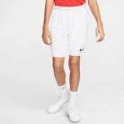 Nike Dri FIT Park III Short in White/Black with white nike socks and white nike trainers