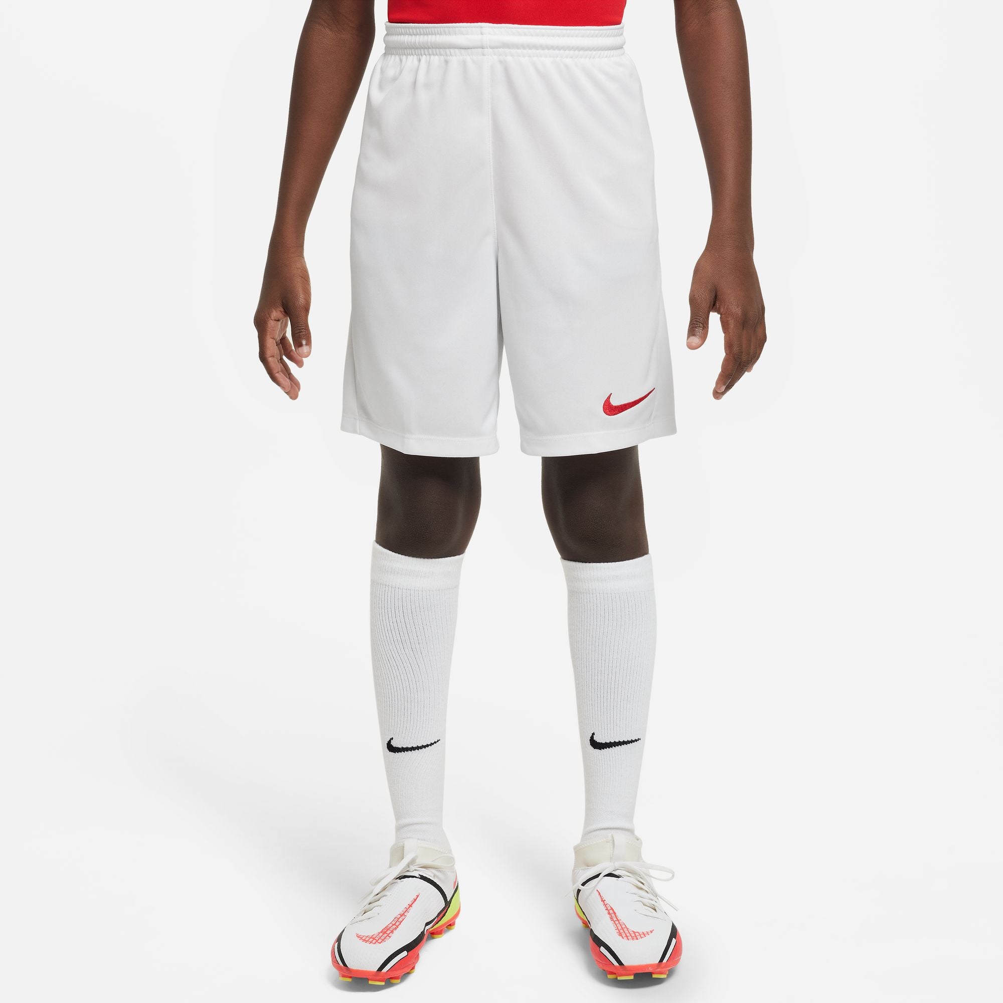 Nike Dri FIT Park III Short in White/University Red with white nike socks and white nike football boots