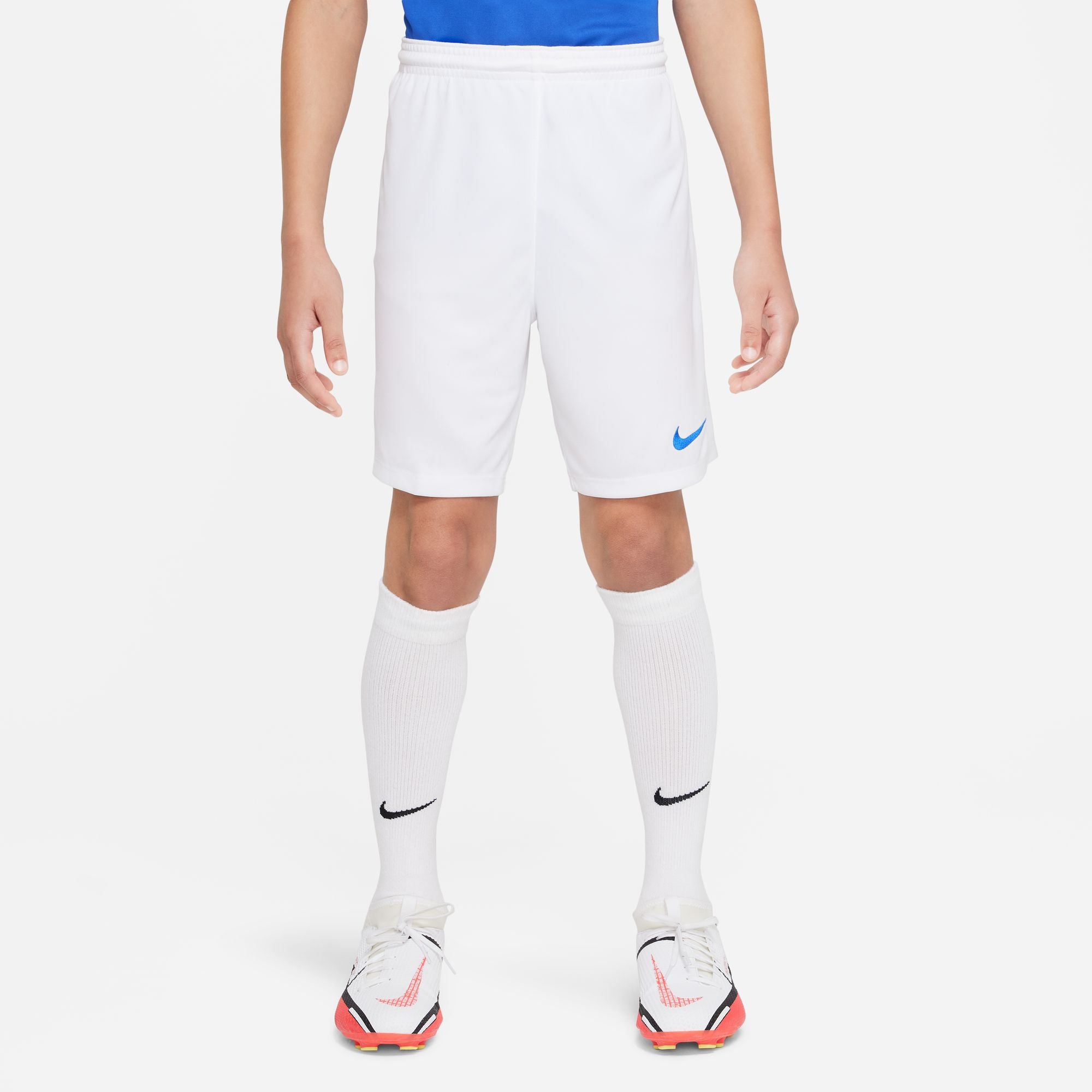 Nike Dri FIT Park III Short in White/Royal Blue with white nike socks and white nike football boots