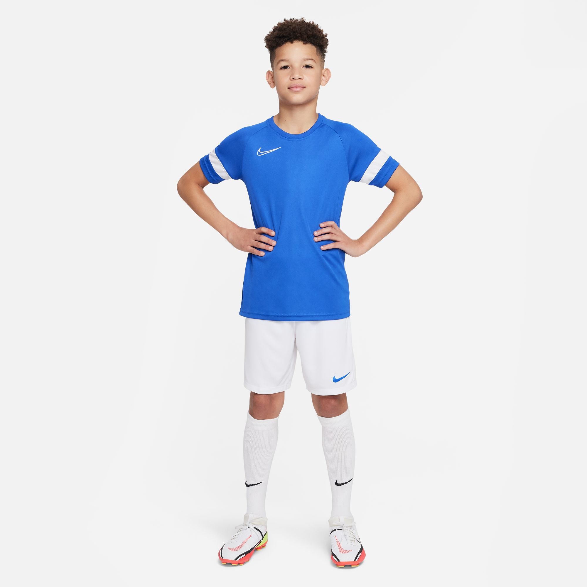 Royal Blue Nike Tee with Nike Dri FIT Park III Short in White/Royal Blue and white nike socks and white nike football boots