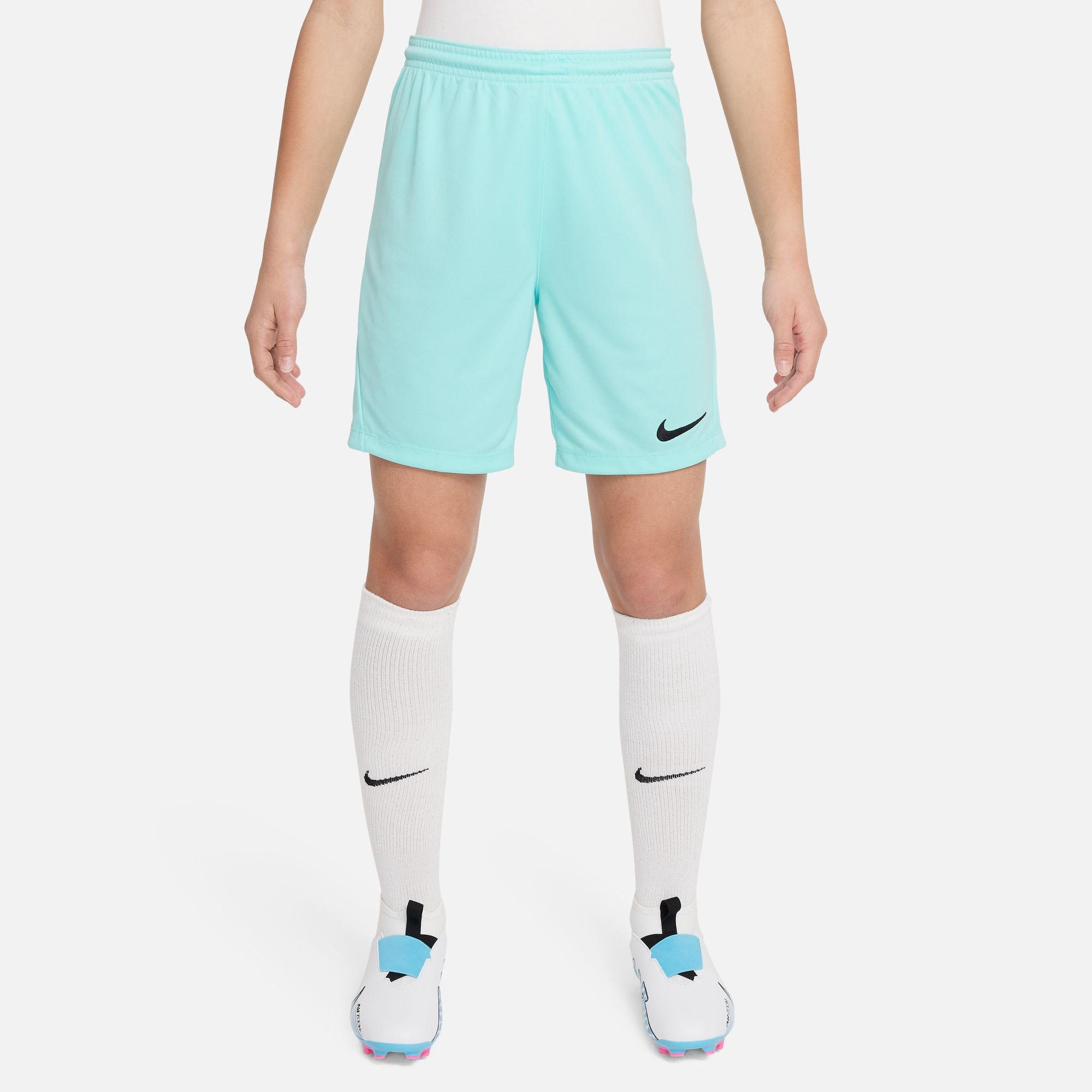 Nike Dri FIT Park III Short in Hyper Turq/Black with white nike socks and white nike football boots