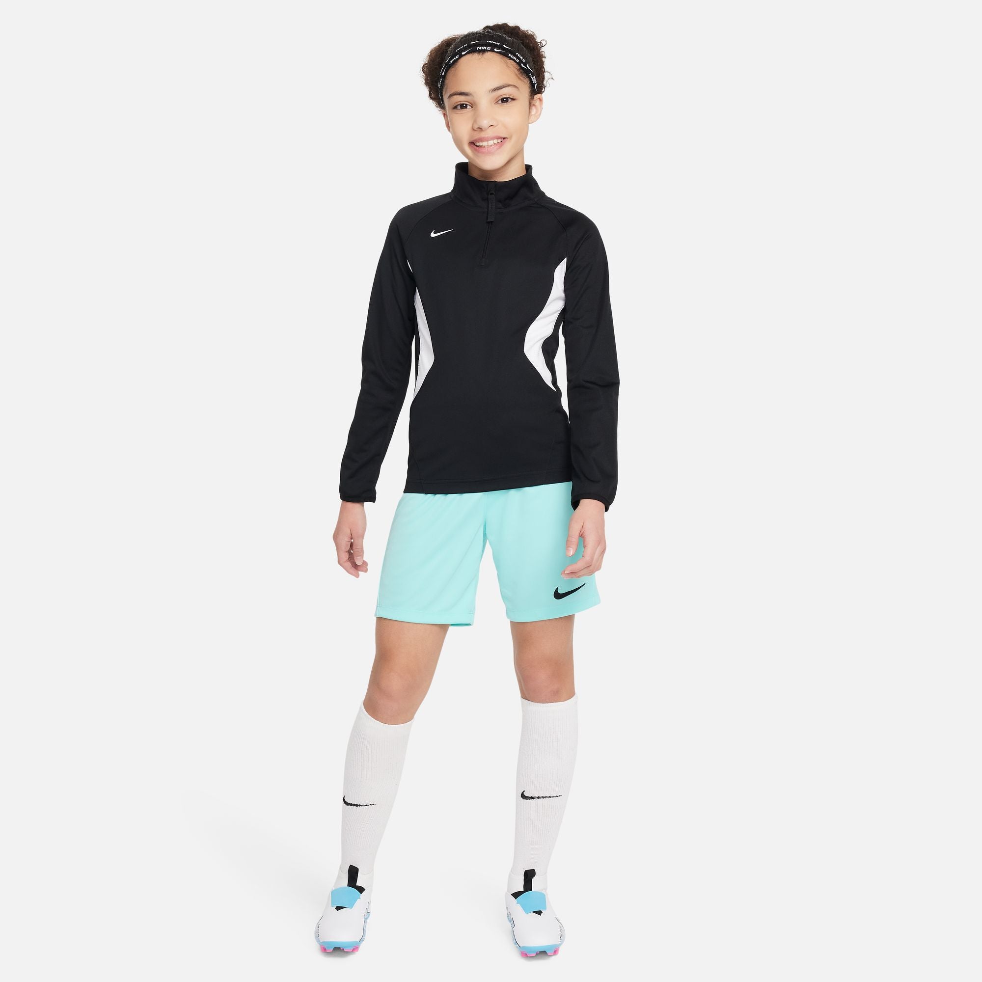 Black Nike 1/4 Zip with Nike Dri FIT Park III Short in Hyper Turq/Black with white nike socks and white nike football boots