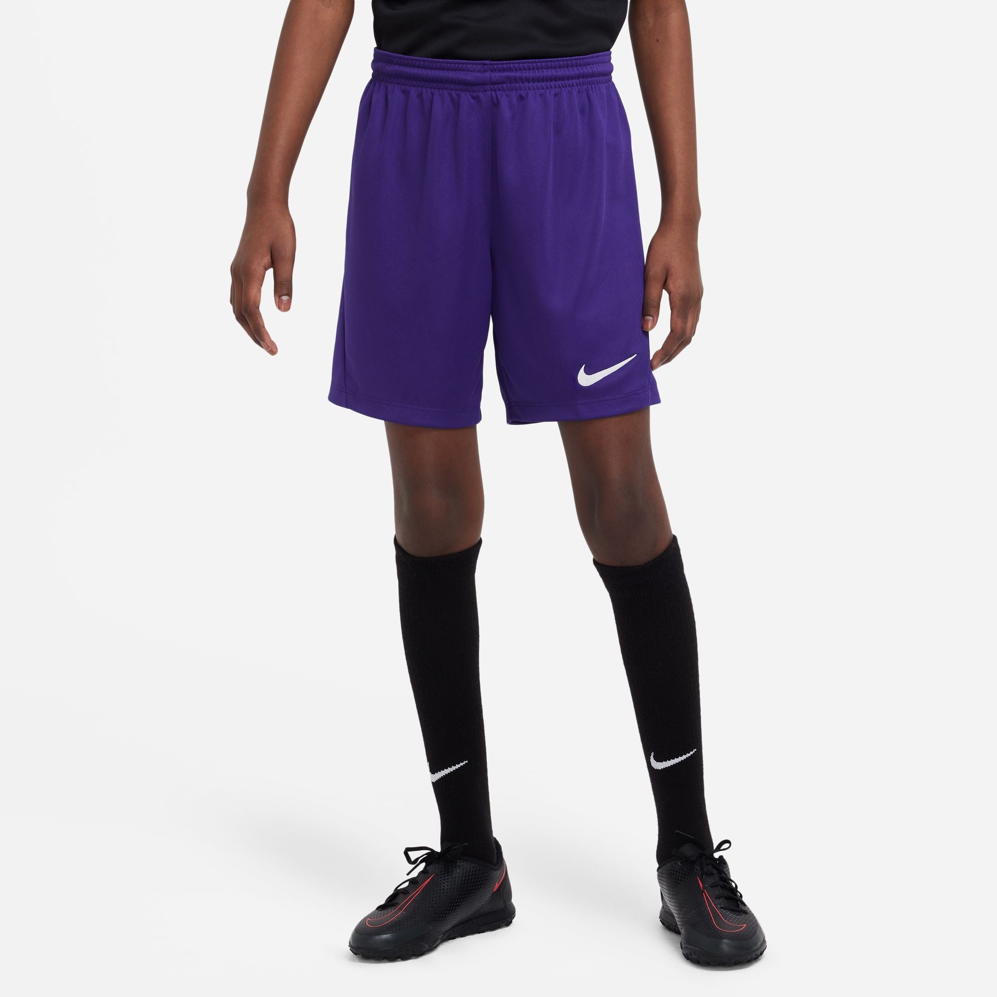 Nike Dri FIT Park III Short in Court Purple/White with black nike socks and black nike trainers