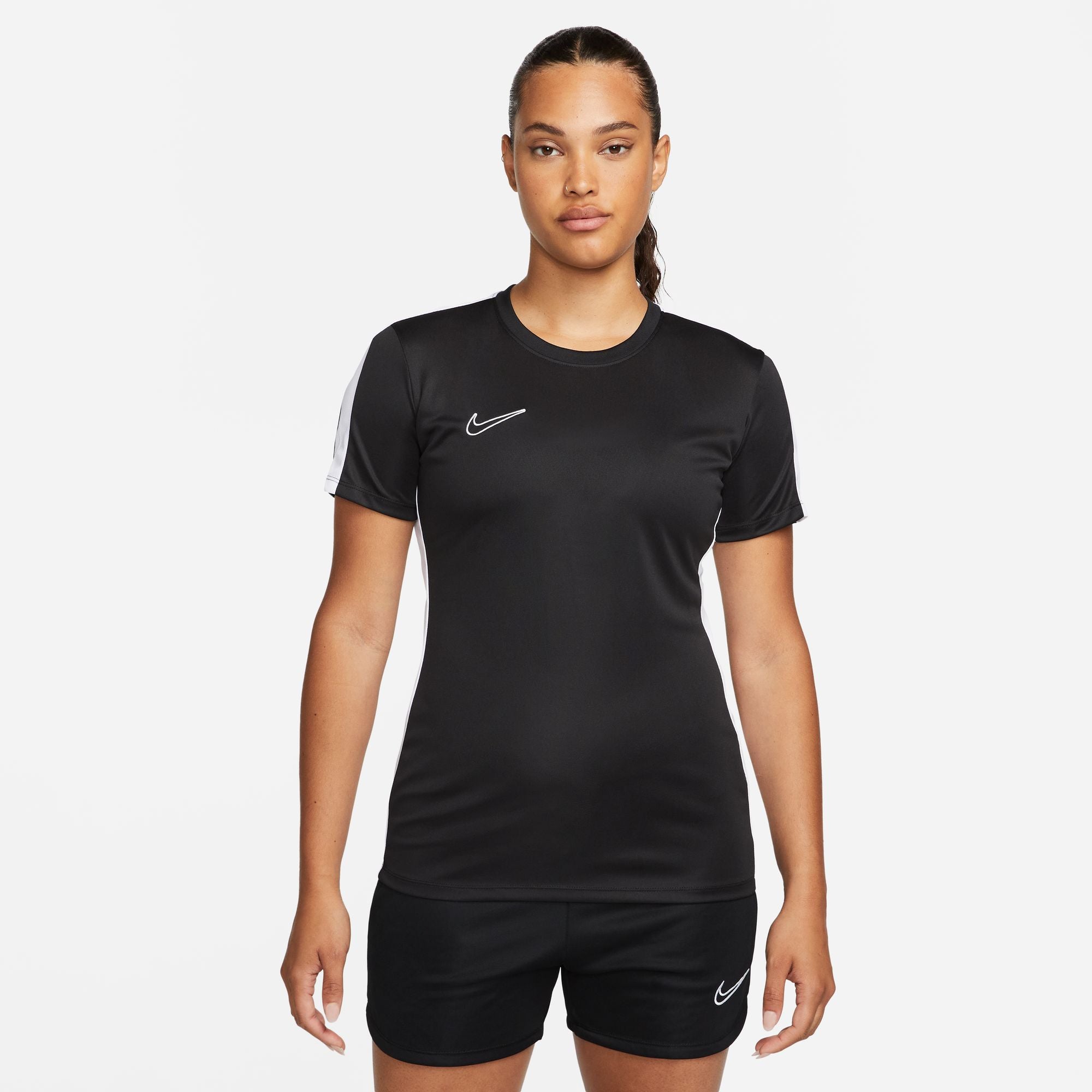 Nike Dri FIT Academy 23 Womens Short Sleeve Shirt in black with black nike shorts