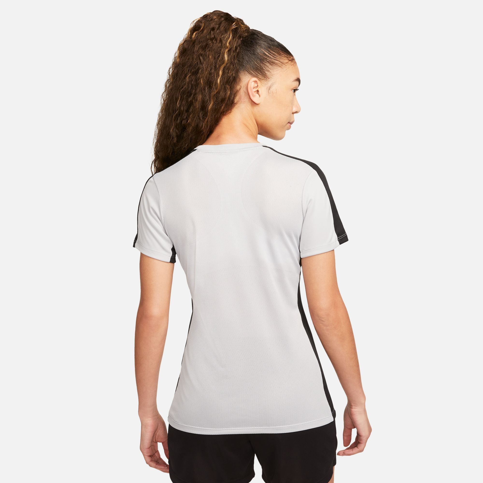 Back of Nike Dri FIT Academy 23 Womens Short Sleeve Shirt in Wolf Grey/Black