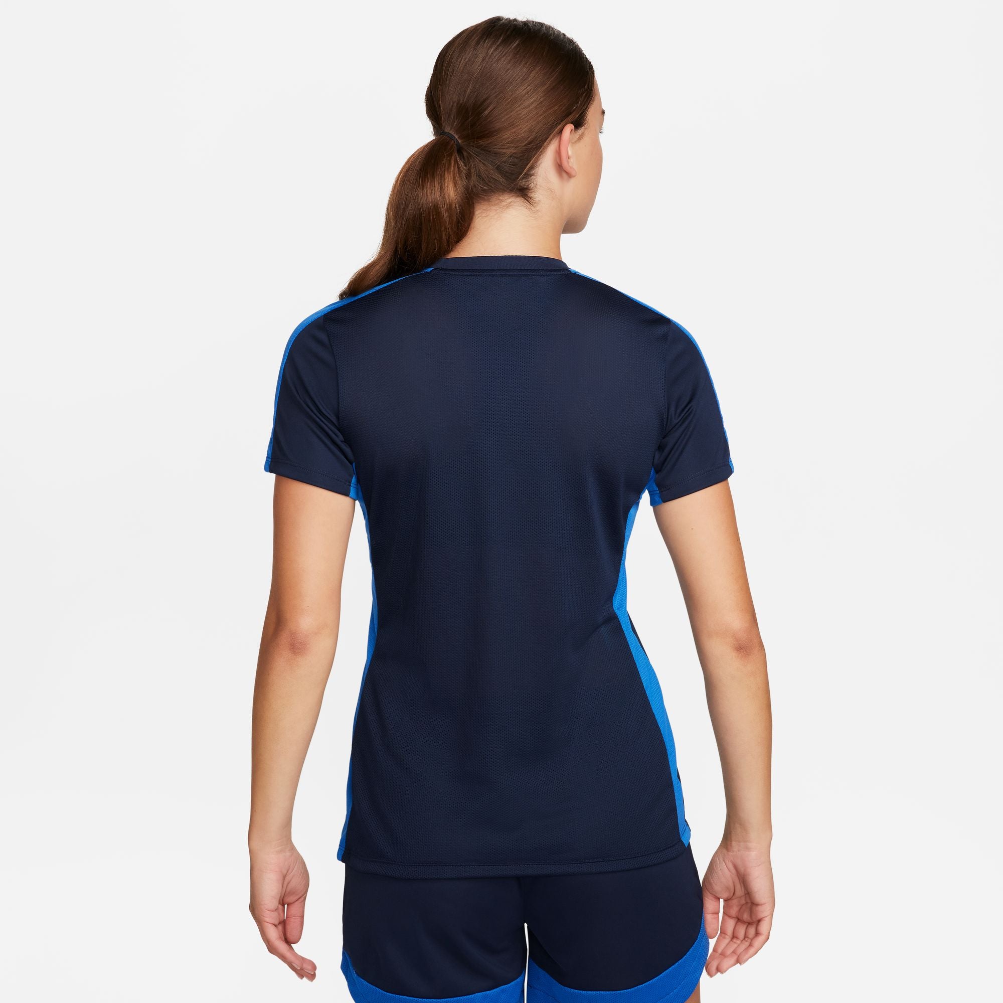 Back of Nike Dri FIT Academy 23 Womens Short Sleeve Shirt in Obsidian/Royal Blue