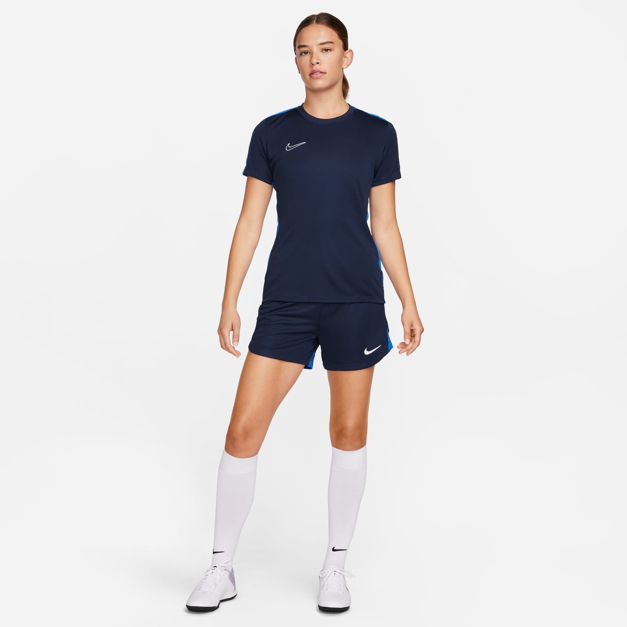 Nike Dri FIT Academy 23 Womens Short Sleeve Shirt in Obsidian/Royal Blue with obsidian nike shorts and white nike socks and white nike trainers