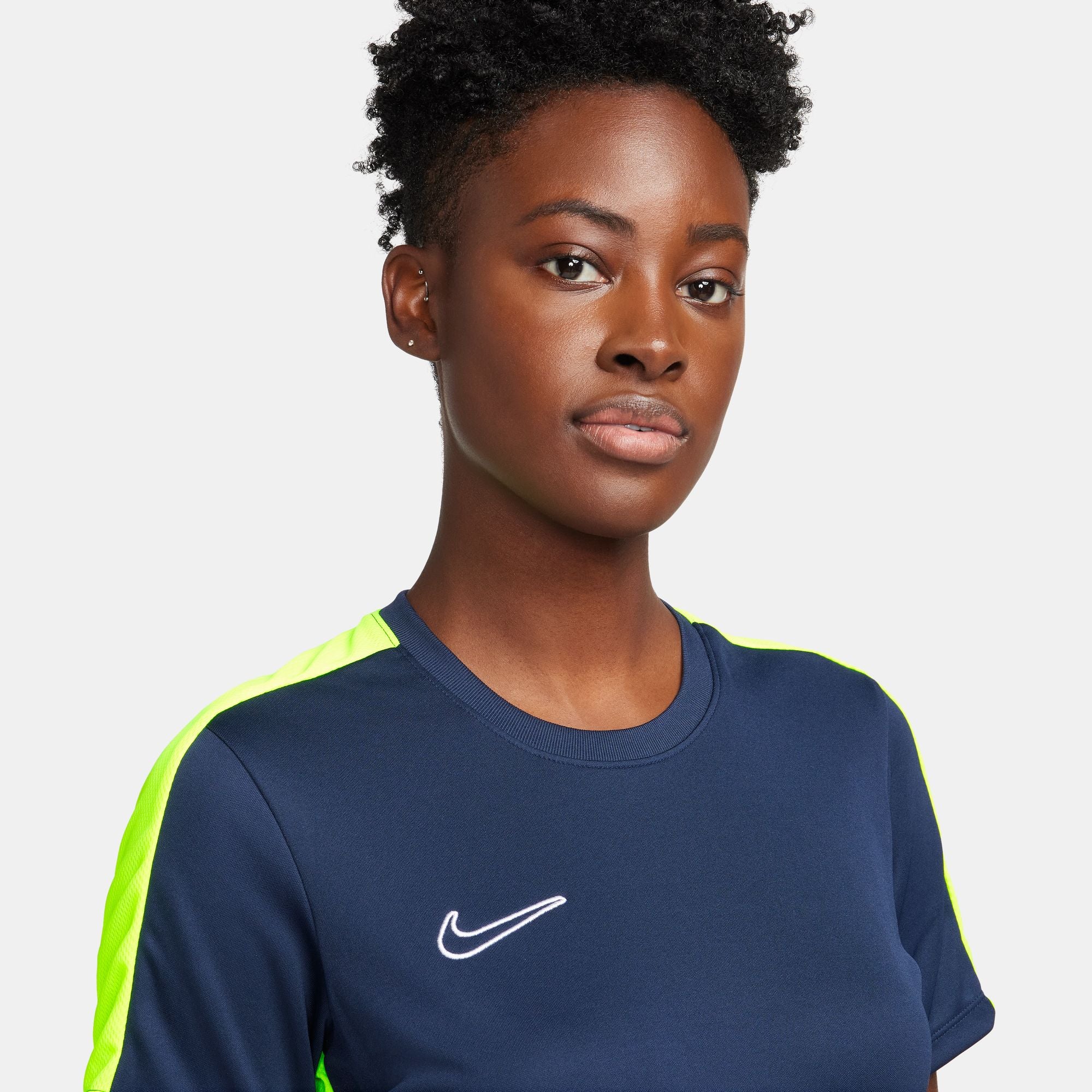 Nike Dri FIT Academy 23 Womens Short Sleeve Shirt in Obsidian and Volt