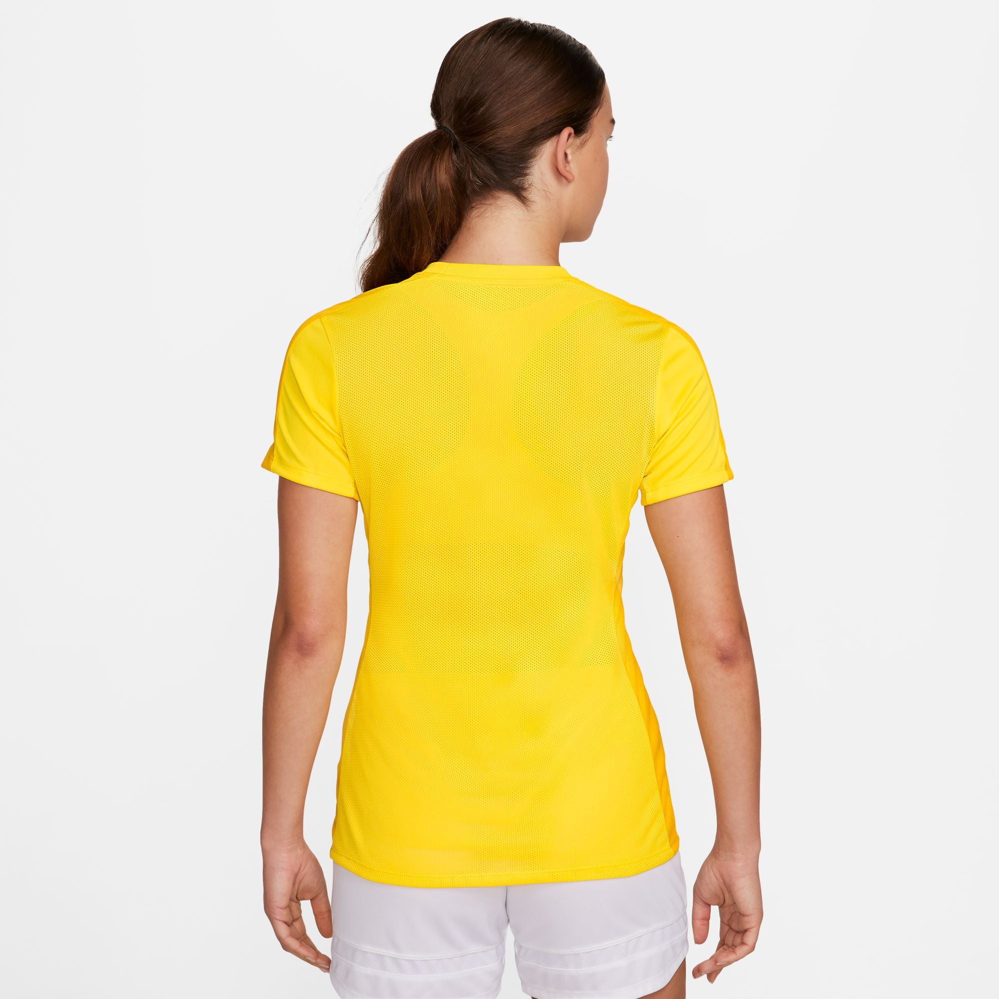 Back of Nike Dri FIT Academy 23 Womens Short Sleeve Shirt in Tour Yellow/University Gold