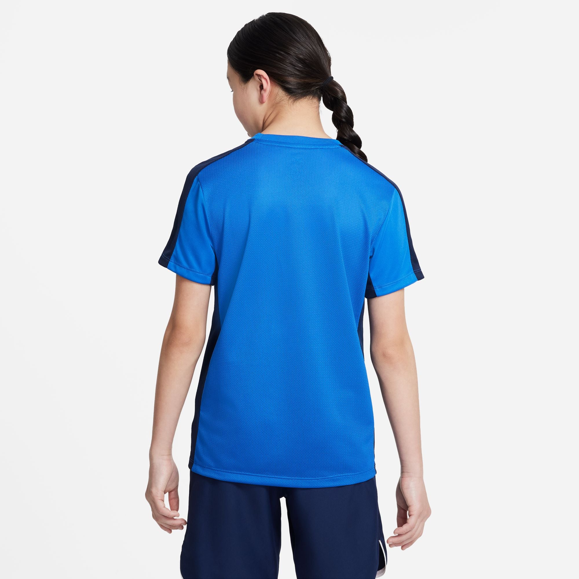 Back of Nike Dri-FIT Academy 23 Short Sleeve Royal Blue Shirt with navy nike shorts