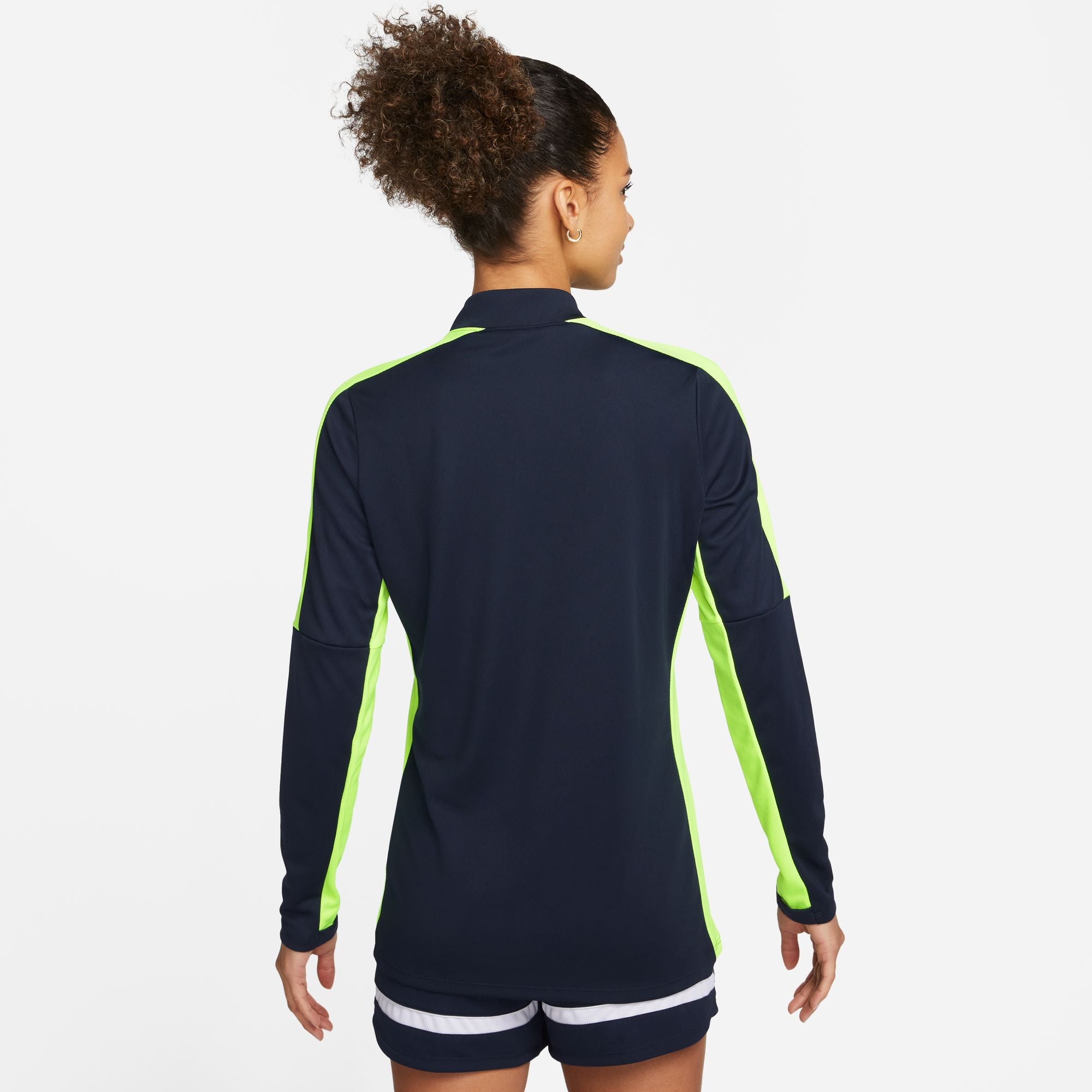 back of Nike Dri FIT Academy 23 1/4 Zip Women's Drill Top in dark blue obsidian and volt