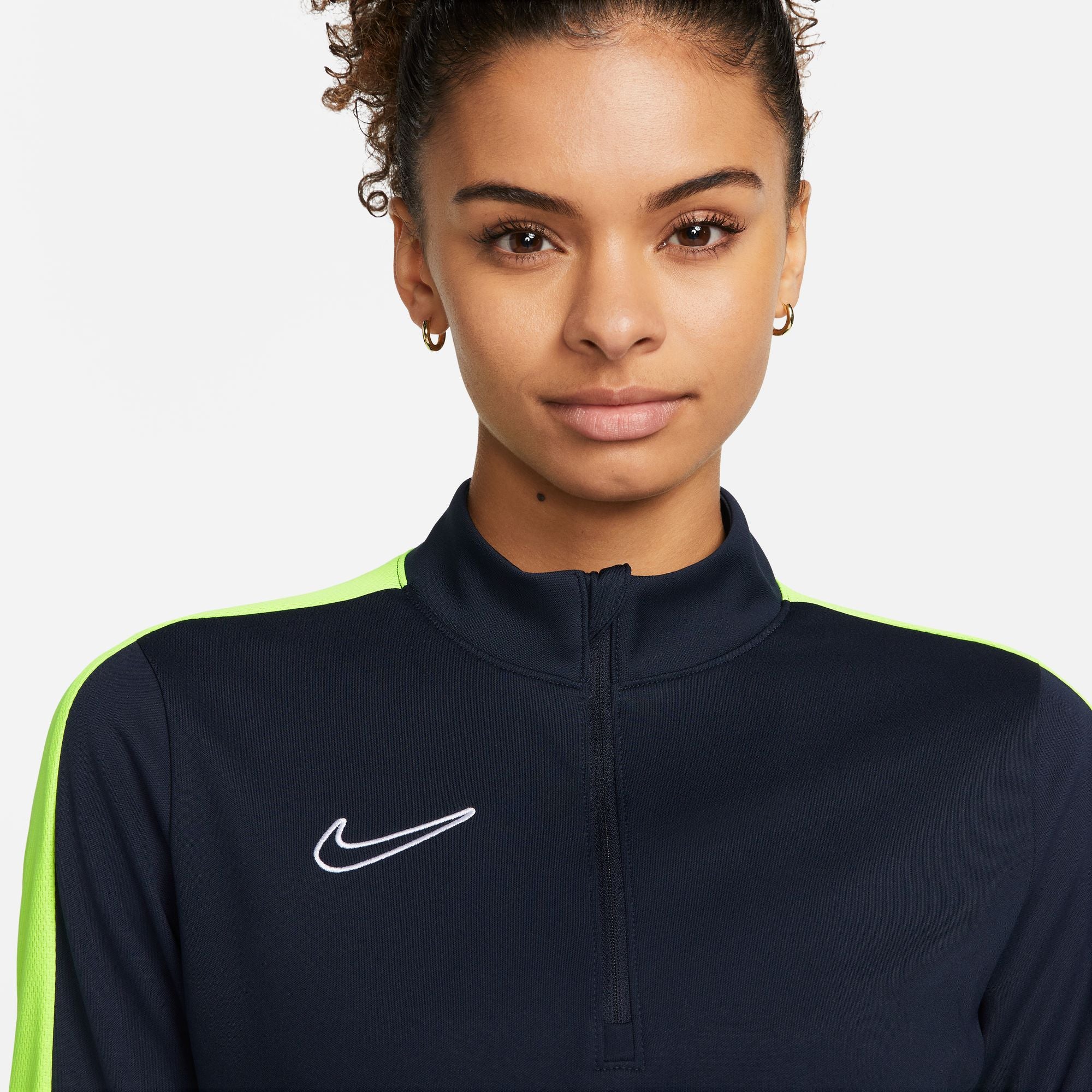 Nike Dri FIT Academy 23 1/4 Zip Women's Drill Top in dark blue obsidian and volt