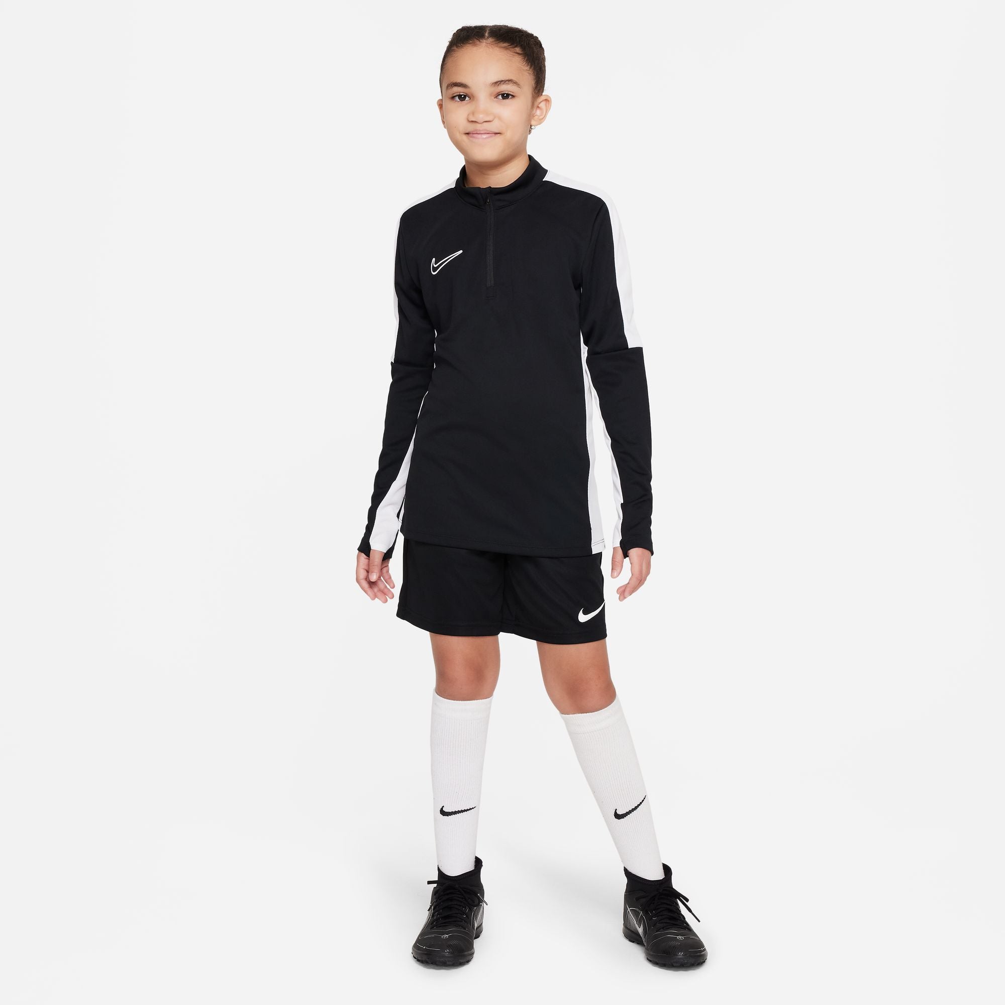 Nike Dri FIT Academy 23 1/4 Zip Black Drill Top with black nike shorts and white nike socks and black nike trainers