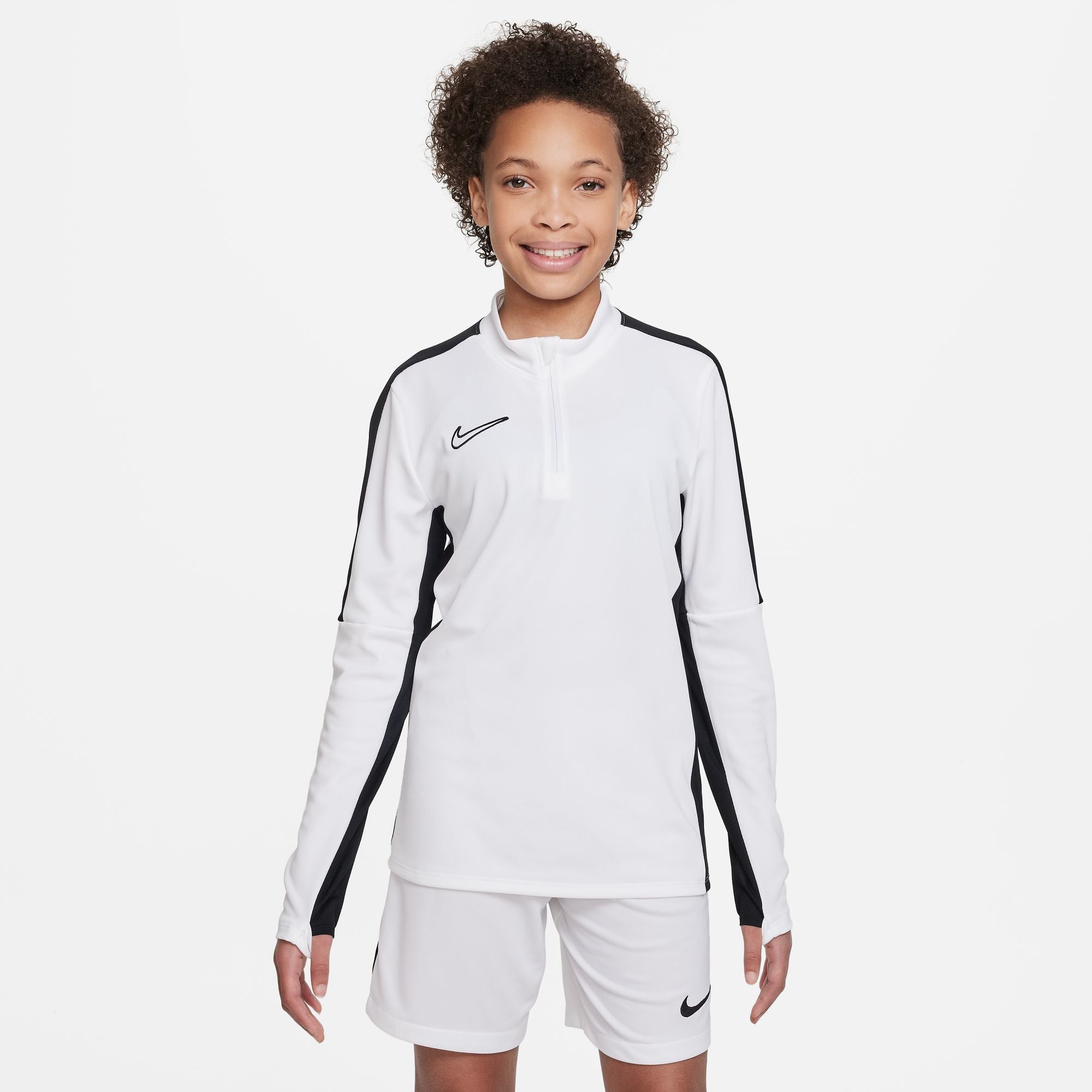 Nike Dri FIT Academy 23 1/4 Zip White and Black Drill Top with white nike shorts