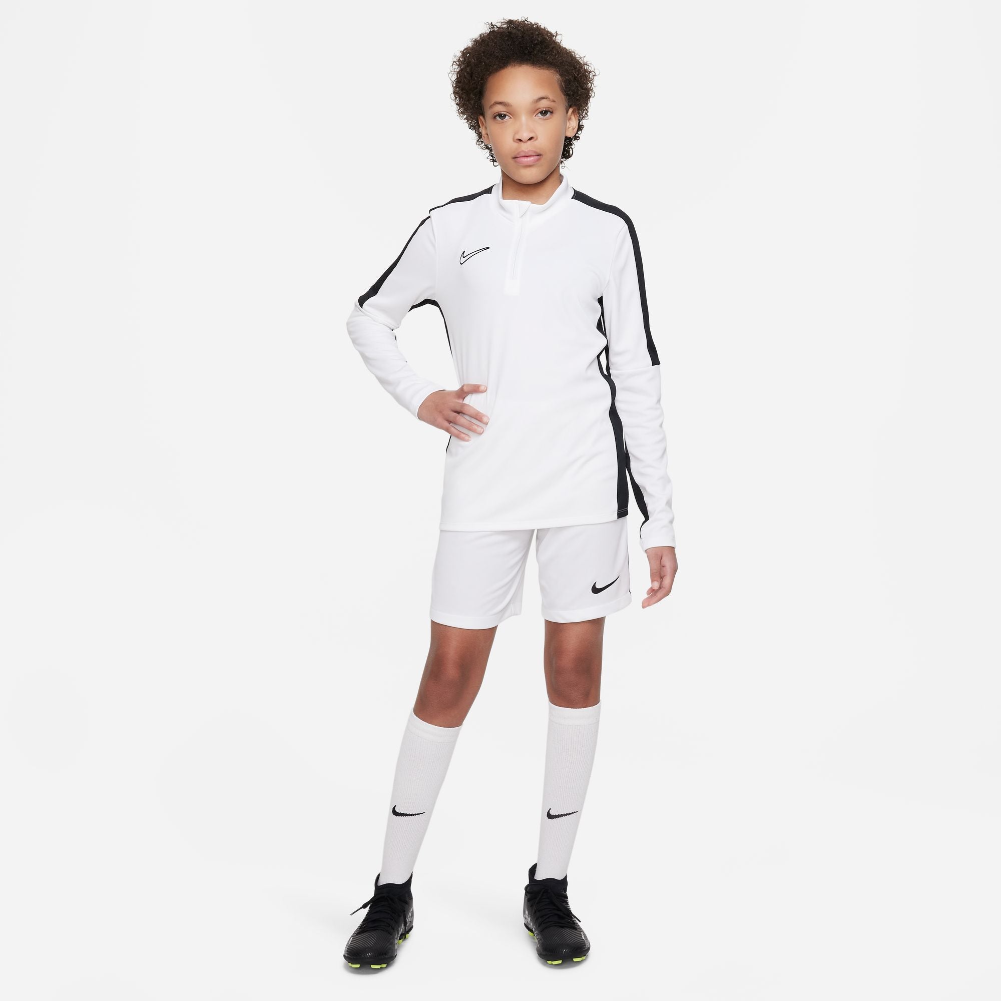 Nike Dri FIT Academy 23 1/4 Zip White and Black Drill Top with white nike shorts and white nike socks and black nike trainers