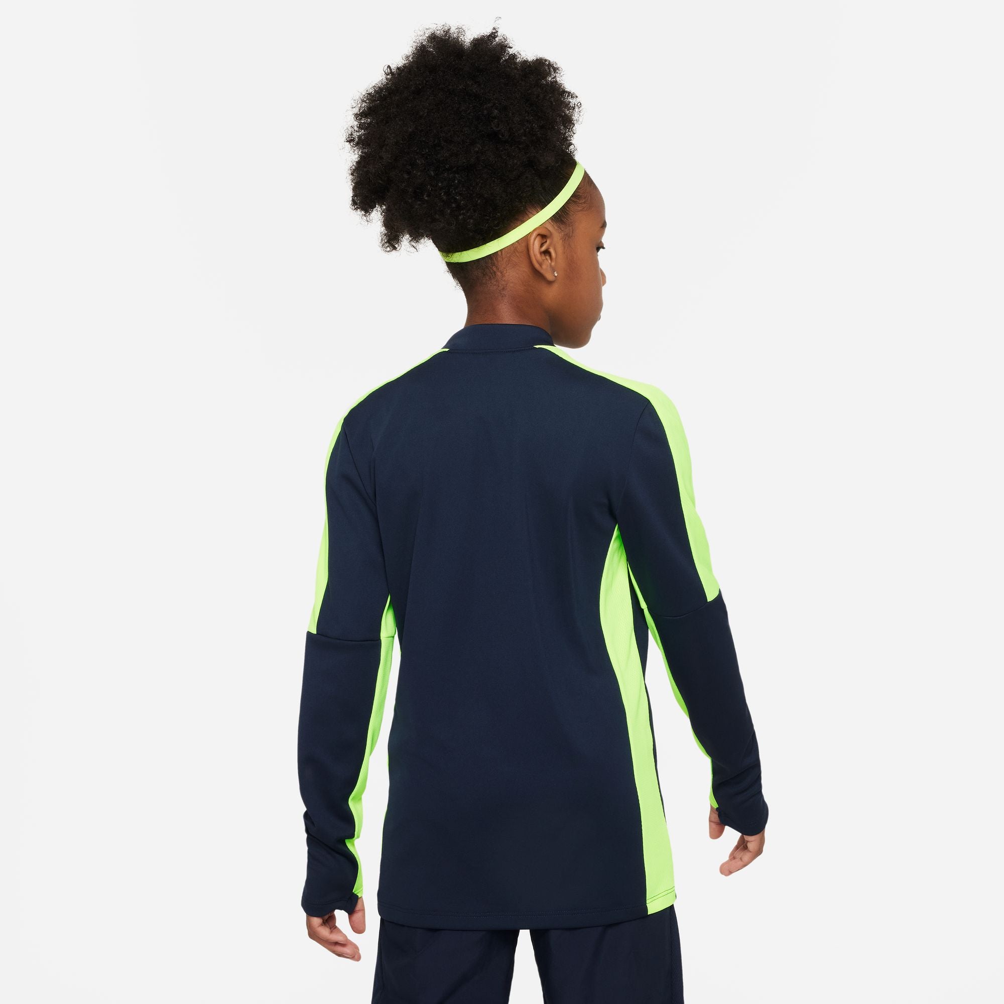 Back of Nike Dri FIT Academy 23 1/4 Zip Obsidian and Volt Drill Top