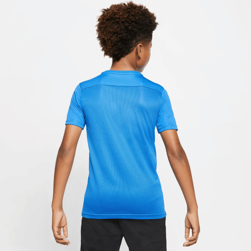 Back of Nike Dri FIT Park VII Short Sleeve Shirt in Royal Blue