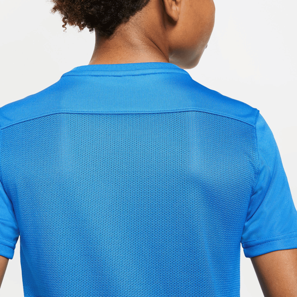 Nike Dri FIT Park VII Short Sleeve Shirt in Royal Blue close-up of the back.